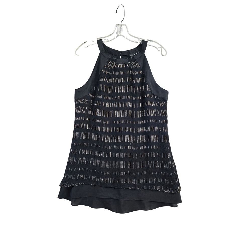 White House Black Market Silk Halter Top Black Metallic Gold Silver Stripe Large